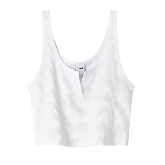 Aritzia TNA White Sleeveless Crop Scoop Neck Textured Waffle Notch Tank - Picture 1 of 9